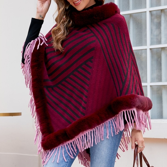 Plush Faux Fur Retro Fringe Stripe Pullover Oversized Warm Knit Poncho Cardigan - Picture 7 of 14